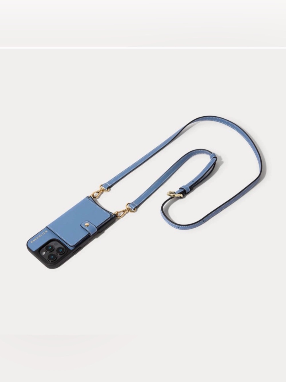 Bandolier Casey Blue Leather Crossbody Phone Wallet iPhone 14 Pro Gold Hardware